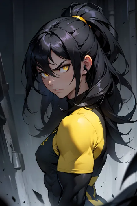 an angry muscular girl with long silky black hair and yellow eyes dark atmosphere