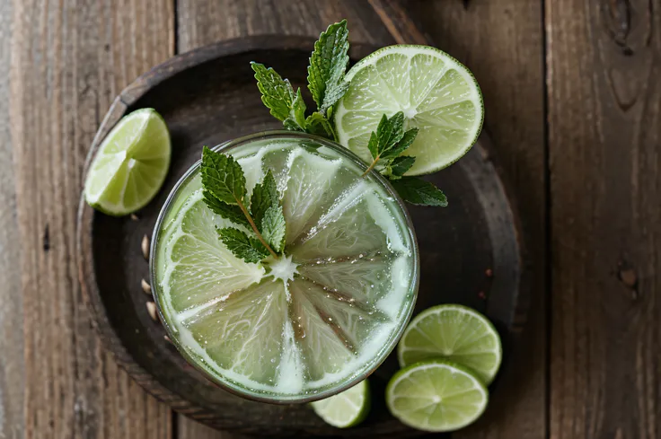 Fresh iced detox drink with lime and mint on dark rustic table top view, copy space for your design. top view. blurred background. lens effect