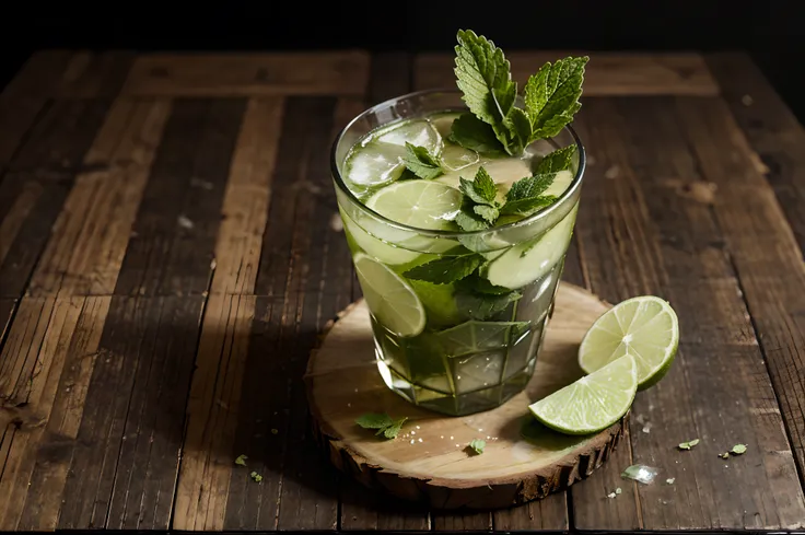 Fresh iced detox drink with lime and mint on dark rustic table top view, copy space for your design. top view. blurred background. lens effect