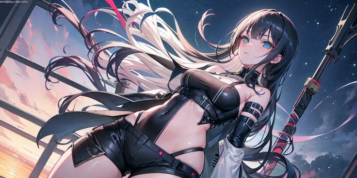 landscape of multiple cute girls, seductive proportions, narrow waist, hyper realistic, ultra full body shot of girls in cyberpunk night city, leaning on a railing beside a road, sakura trees around the road, thick thighs, bare shoulders, railing, blushing...