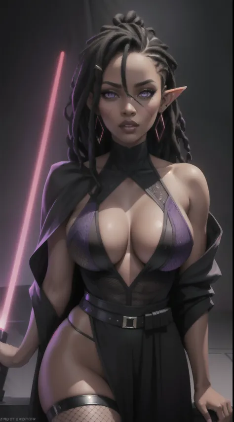 Portrait of an African-American female, with dark black dreadlocks, purple eyes, dark brown skin, pointed ears, slutty assassin, sexy sith lord, fishnet sexy sith robes, lust demon, perfect composition, hyper-detailed, 8K, high quality, perfect eyes, trend...