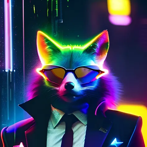 um homem raposa, starfox, wearing a suit and sunglasses, with cyberpunk aesthetics, cinematic lights, ambiente escuro, com chuva...