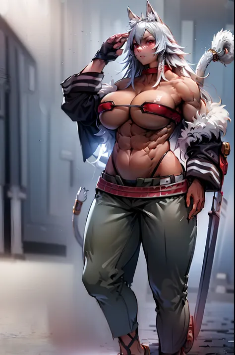 (best quality,4k,8k,highres,masterpiece:1.2),ultra-detailed,(:1.37),ghislaine dedoldia,animal ears,white hair,standing,sword holding,full body,boots,warrior,choker,fur trim,large breasts,abs,muscular woman,,pants,flipflops, full body flipflops