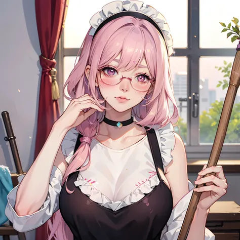 anime girl with pink hair, Aegyo-sal,  eyebags, wearing glasses, makeup, blush, blush nose, glitter makeup on eyes, perfect anime face, semi - realistic anime, detailed anime soft face, sleeping mask on head, cleaning, gigantic tits, half body shot, holdin...