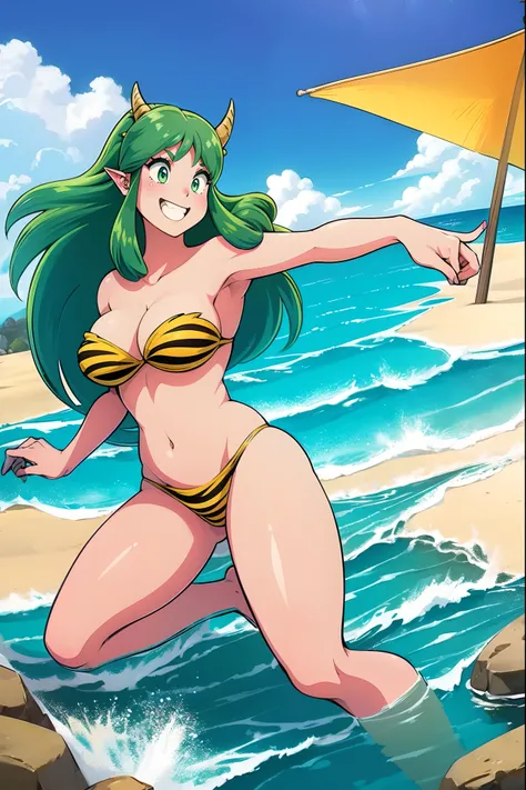 (best quality,4k,8k,highres,masterpiece:1.2),ultra-detailed,(r:1.37), vibrant colors, lum, lighting, beach scenery, bikini model, standing tall and confident, enchanting smile, full body emphasis, alluring curves, prominent and voluptuous breasts, captivat...