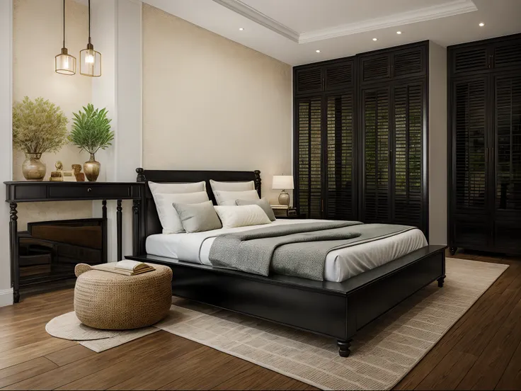 indochine bedroom interior design, a bedroom with bed, lamp, rug, potted plant, pillow, bench, wood floor, black wood furnitures...