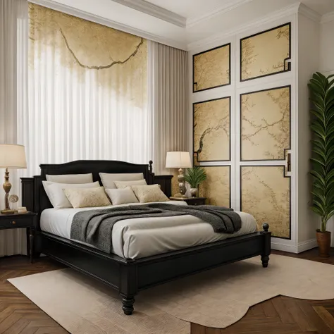 indochine bedroom interior design, a bedroom with bed, lamp, rug, potted plant, pillow, bench, wood floor, black wood furnitures...