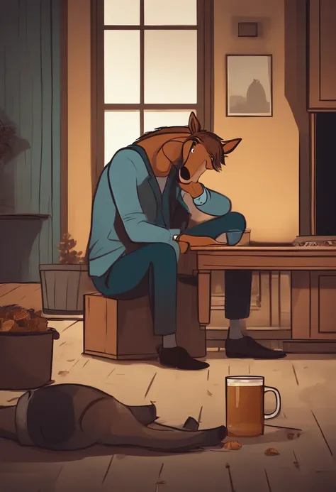 bojack horseman sitting in the floor depressed. whiskey in his hand.