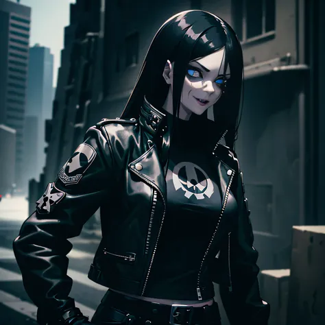 1girl, in an apocalyptic city a girl with long straight black hair, large breasts, dark blue eyes, and black lipstick, wearing a...