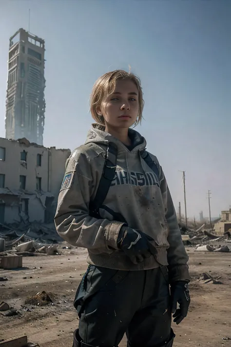 Russian girl 16 years old ,Blonde Dirty Short Hair, dusty face, Clad in the Armor of the Future, Against the backdrop of a desolate post-apocalypse, Ruined Moscow, Ruins of the Kremlin, AR-16 rifle in hand, the wind, Dust, Destroyed buildings, Carcasses of...