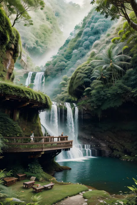 Masterpiece, best quality, 8K, high res, ultra-detailed, A scene of a waterfall cascading down a high cliff amongst lush greenery, adorned by vibrant flowers, towering pines, and delicate bamboo groves,no humans, sakura, beautiful view, ultra-detailed, fin...