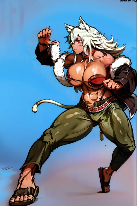 (best quality,4k,8k,highres,masterpiece:1.2),ultra-detailed,(:1.37),ghislaine dedoldia,animal ears,white hair,standing,,full body,boots,warrior,choker,fur trim,large breasts,abs,muscular woman,,pants,flipflops, full body flipflops, martial art, pullover, k...