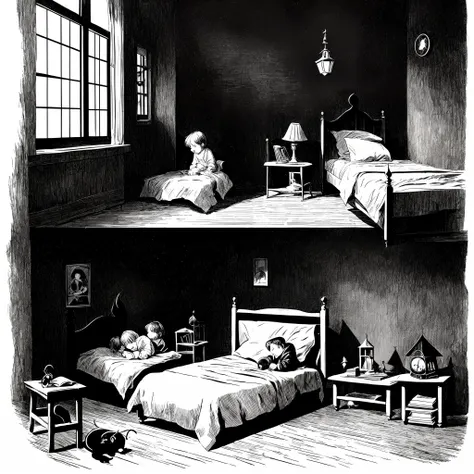 A dark old children room with a kid sleeping on the bed and one scary devil pulling his leg. Old book illustration.