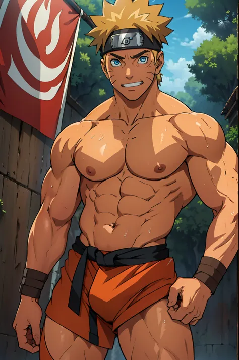 red skin, tanned skin,reddish brown skin(muscular thigh muscles ) (photo angle from bottom up)(Drawings of Naruto anime) (photo angle from the ground upwards) [Anime photo][highest quality photo][4k,HD photo quality ] wear tight and short loincloths  ,the ...
