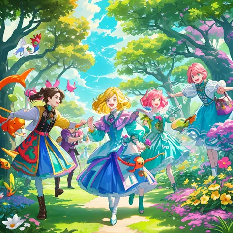 closeup of a group of friends, Many male and female characters in the surrounding, colourful fantasy island garden with otherworldly trees, colourful skies, playful mood, joyful activities, busy setting, vibrant scene, joy, fun, otherworldly charm, cute an...