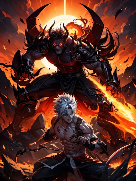 (detailed scene,dynamic composition,action-packed,anime,high-stakes,breathtaking animation:1.1)A fierce battle scene unfolds as Rengoku, the fiery Demon Slayer, engages in a life-or-death battle against a powerful demon. Rengoku, with his unruly red and or...