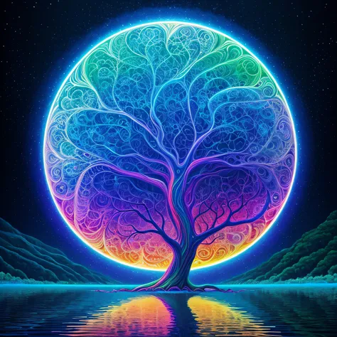 a painting of a tree in the middle of a body of water, a digital painting by Alex Grey, shutterstock contest winner, psychedelic art, psychedelic, fractalism, mystical