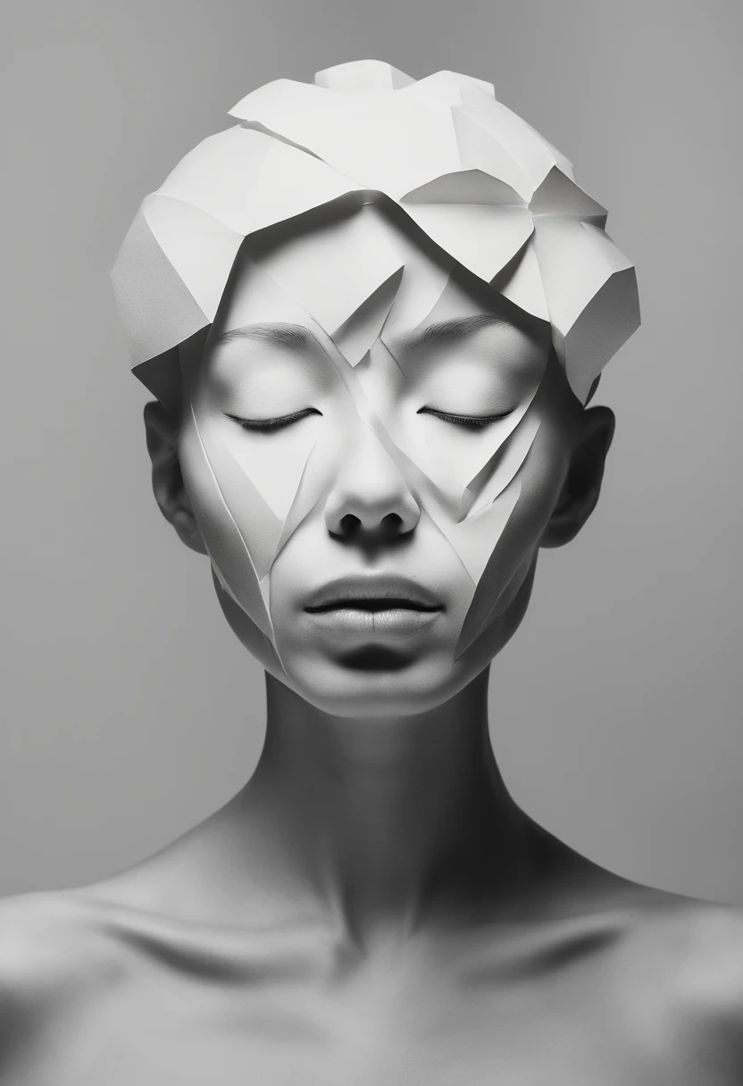 Exposed brain miso,Close up of face with closed eyes, Face with wrinkles made of paper,,abstract portrait,Surreal dark art, 4 k symmetrical portrait, 详细的脸, detailedeyes