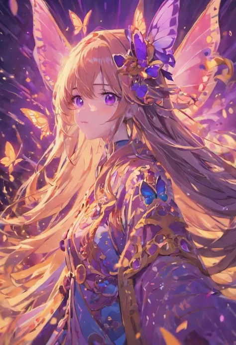 Yunxi,Long hair,Purple eyes,Butterfly,(Ultra detailed:1.3),Masterpiece,Unity 8k wallpaper,nakeness