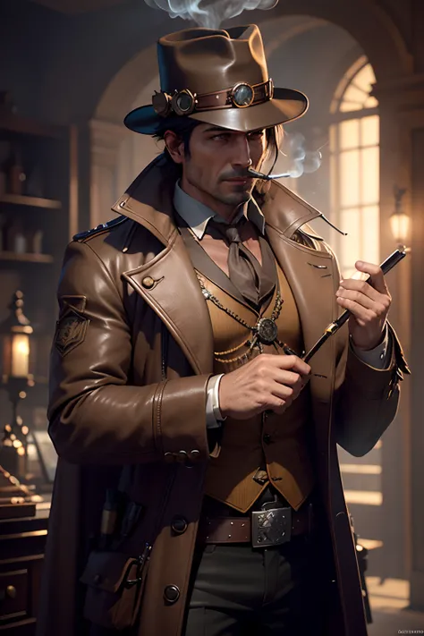 Detective in a brown hat and coat smoking a sigarro in a steampunk setting 8K rendering", octane rendering ", octane rendering", super detailed rendering, Super octane rendering, hyper-detailed 3D rendering