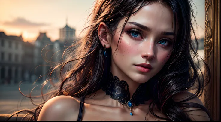 (best quality,4k,8k,highres,masterpiece:1.2),ultra-detailed,(realistic,photorealistic,photo-realistic:1.37),long black hair,fair skin,blue eyes,silk dress,jewels,fantasy,vivid colors,soft lighting