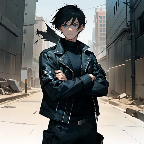 1guy, In an Apocalyptic City, a guy with short black hair and dark blue eyes, black shirt, black biker jacket with a skull and crossbones drawn on it, and black cargo pants, standing with his arms crossed with a motorcycle in the background, holding a revo...