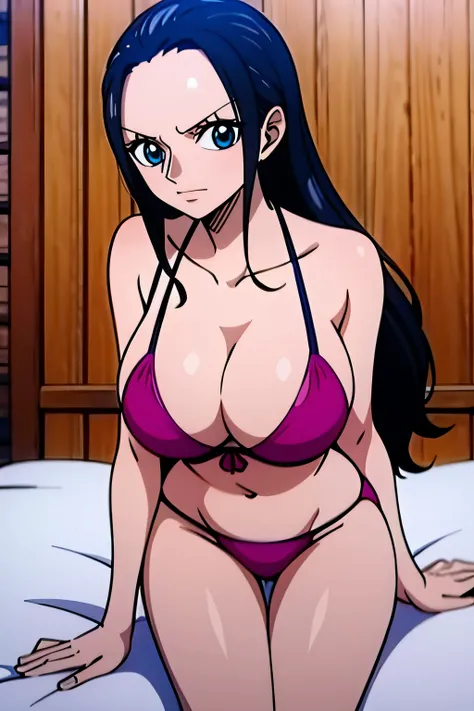 Robin de One Piece, Pose sexy, Y si , Elly, Premios rojo, 8k, anime, ribera, Gran Theta, grande, Se ve sexy perfecta calidad ojos ojos azules, Bikini rosa, Bikini rosa, cama, Casa, Noche, ojos azules,