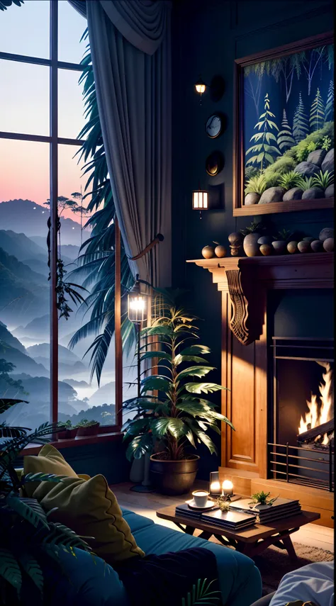 Sala de estar com vista para uma montanha e uma floresta, mountainous jungle setting, jungle setting, Como uma cena de Blade Runner, magical ambiance, pintura escura ultrarrealista, em um ambiente de selva, pleasant environment, floresta nublada, Selva bon...