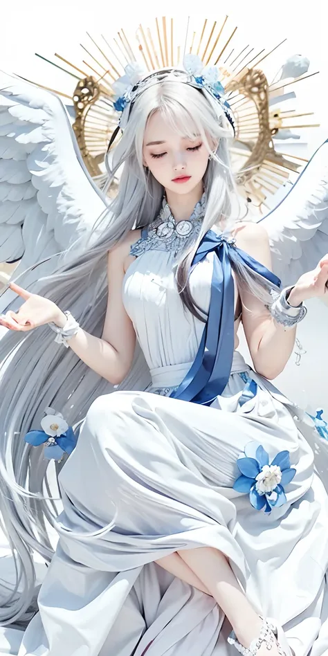 1girl, Big breast,silver hair, closed eyes, white dress, white wings, ultra detailed, masterpiece, realistic