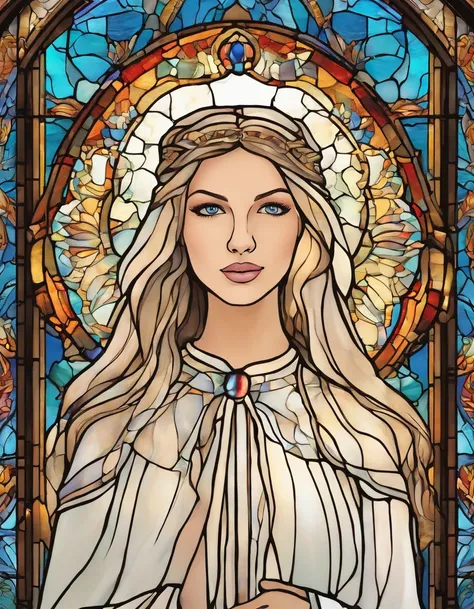 1 menina, Taylor Swift, 18 anos, alto, low water, louro, majo, cabelo loiro liso com franja, olhos azuis. White dress with blue command as of Our Lady of Grace. wearing prescription glasses.