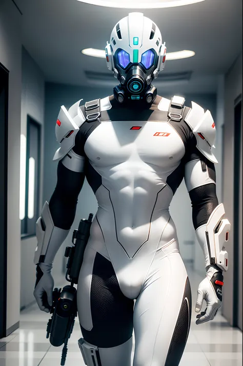 (futuristic, sci fi)Male in biochemical white body suit, hands visible, gas mask, masterpiece