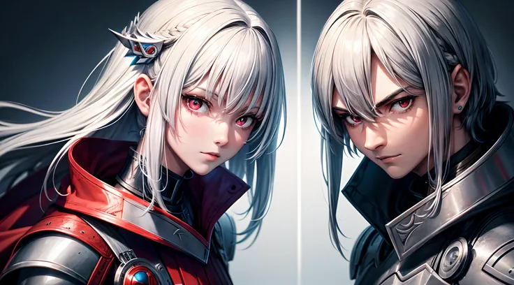 Brother and sister standing next to each other, Brother has short silver hair and the sister has long silver hair, Both have red eyes and wear noble battle mage armor, Masterpiece, highres, high quality, Detailed face, best quality, 8k,ntricate details, ul...