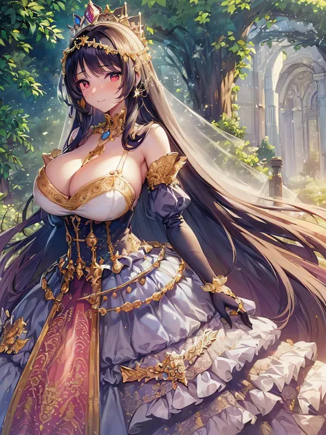 ((Anime Art Style)),(masutepiece),(Best Quality), (Super Detail),(Highly detailed CG Unity 8k wallpaper),((Very delicate and beautiful)),1 Lady,((Full body portrait)),((Stand in the garden)),((Solo)),(((One princess in a very gorgeous Rococo princess ball ...