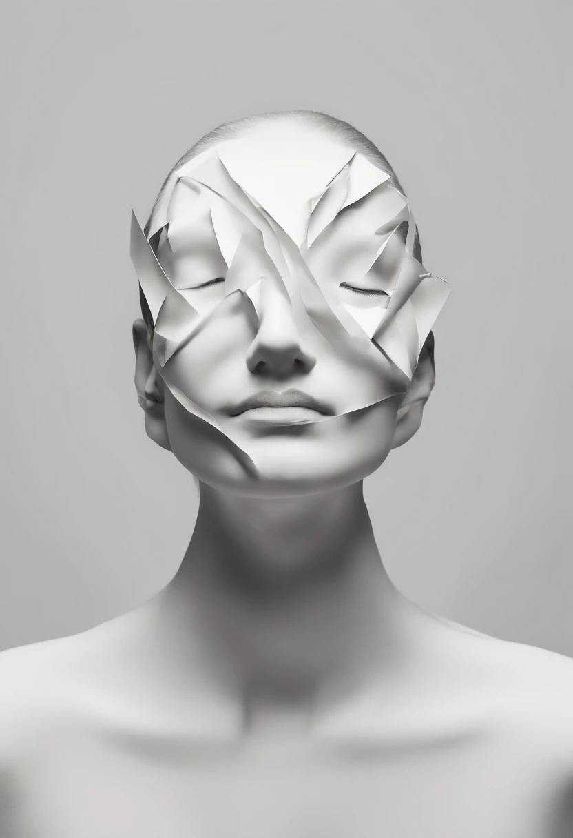 Hold your head with both hands, Wrinkled face made of paper, Exposed brain miso,Face with closed eyes,Abstract portrait close up,Surreal dark art,4K,详细的脸