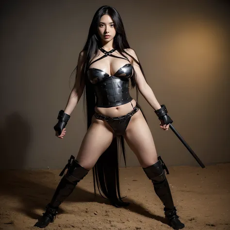 Sexy black long-haired female warrior，Wearing a naked，full bodyesbian，Pose from head to toe，the feet，Big breasts and big buttocks，Big breasts and fat buttocks，Camouflage oil paint，Power exoskeleton，Chain-bound，arma，combats