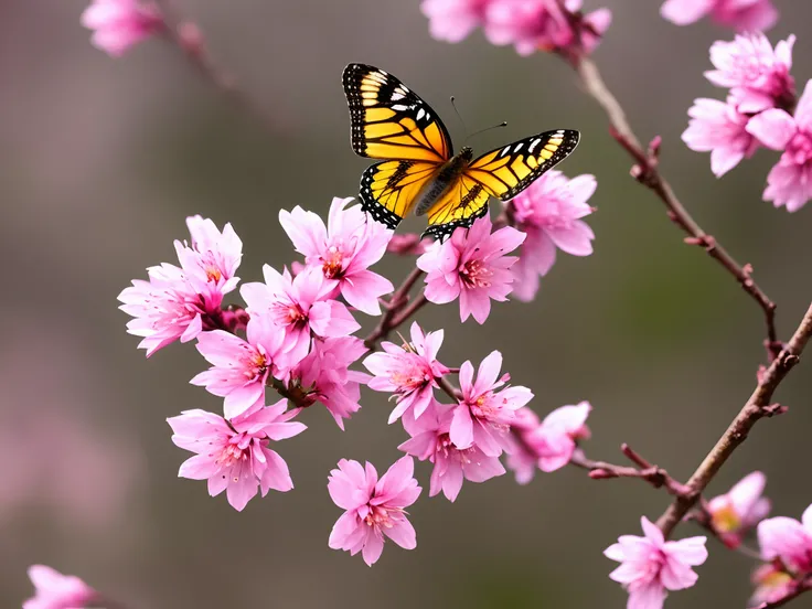 Winters，In the cold wind, a butterfly is forced to stay on a plum blossom