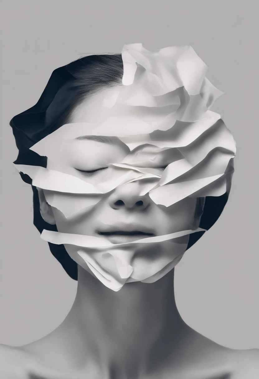 Hold your head with both hands, Wrinkled face made of paper, Exposed brain miso,Face with closed eyes,Abstract portrait close up,Smiling a little,Surreal dark art,4K,详细的脸