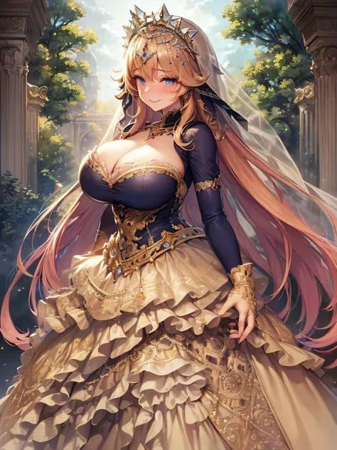 ((Anime Art Style)),(masutepiece),(Best Quality), (Super Detail),(Highly detailed CG Unity 8k wallpaper),((Very delicate and beautiful)),1 Lady,((Full body portrait)),((Stand in the garden)),((Solo)),(((One princess in a very gorgeous Rococo princess ball ...