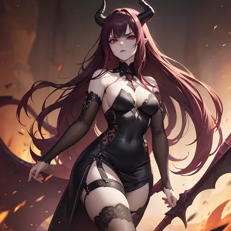 woman, disheveled brown long hair with a purple tint, horns and a dragon tail, a black open dress with lots of details, blank scary gaze with no emotions, red lipstick, pale skin, dark background