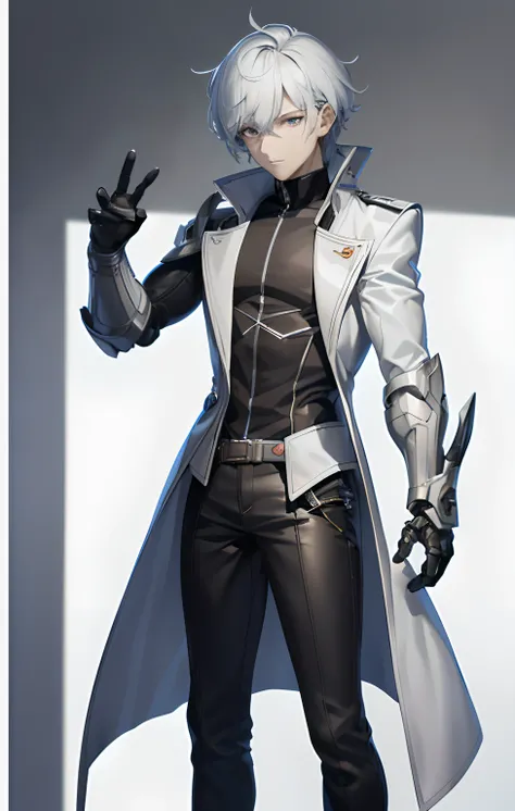 (Best quality,4K,8K,A high resolution,Masterpiece:1.2),(Full character),Stand upright,Ultra-detailed,Character standing drawing,(Transparent background),jrpg character art, male anime character,Single male character,White trench coat,Black jeans,Silvery ha...