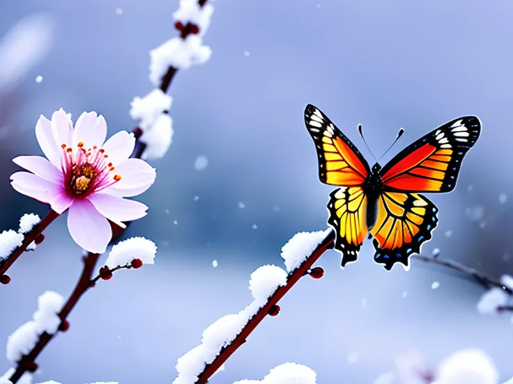 Winters，In the cold wind, A butterfly is forced to stay on a plum blossom，It snows in winter，There was a cold wind