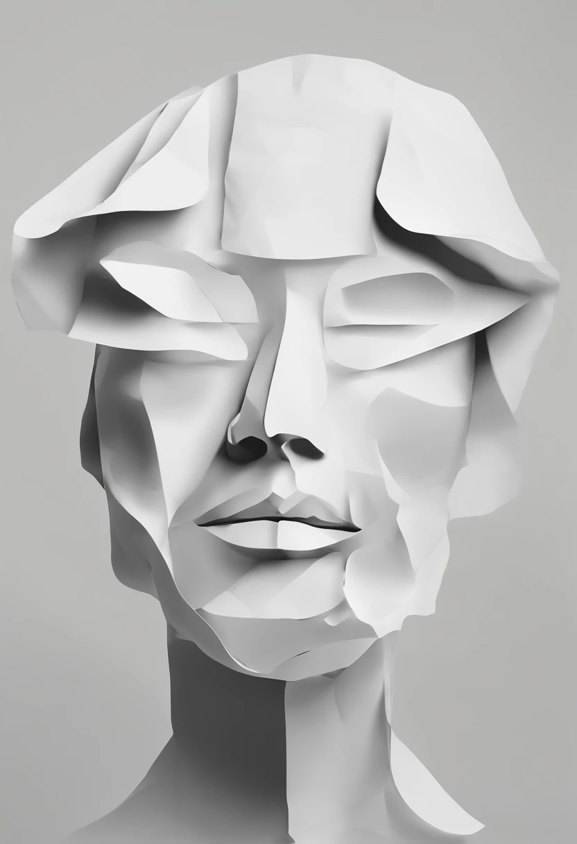 Hold your head with both hands, Wrinkled face made of paper, Exposed brain miso,Face with closed eyes,Abstract portrait close up,Surreal dark art,4K,详细的脸,A slight smil