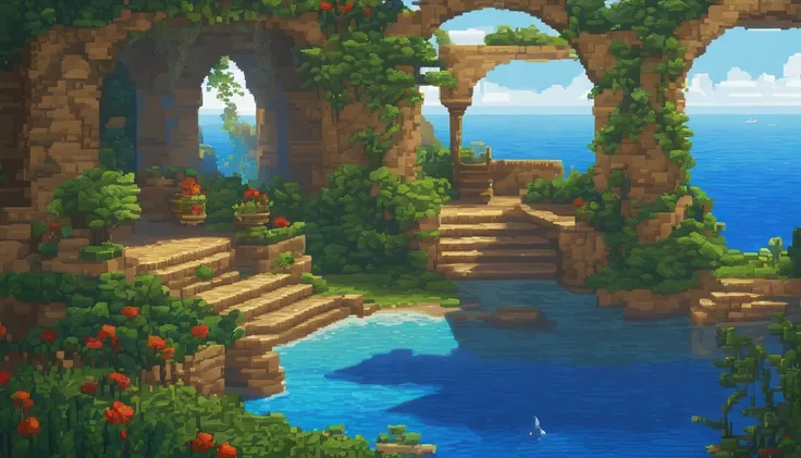 Klein blue painting pixel art rising on calm sea, beautiful detailed pixel art, detailed pixel art, lo-fi retro videogame, concept pixelart, detailed pixel artwork, Pixel art style, pixel town, pixel art animation, high quality pixel art, Dolphins jump out...