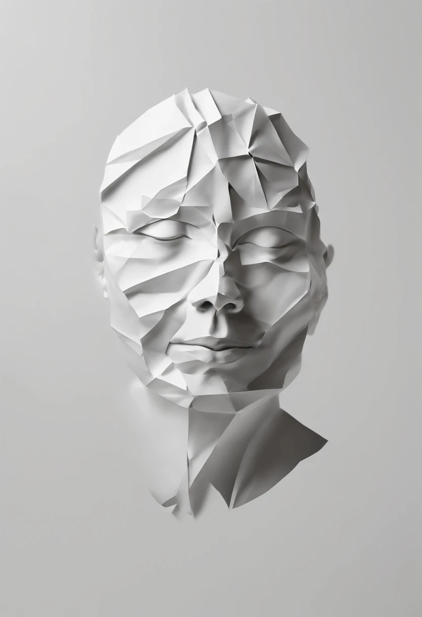 Hold your head with both hands, Wrinkled face made of paper, Exposed brain miso,Face with closed eyes,Abstract portrait close up,Surreal dark art,4K,详细的脸,smile