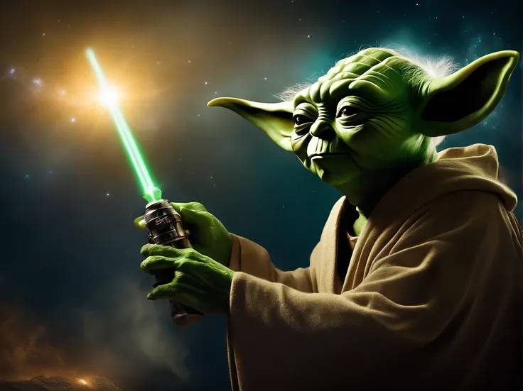 High definition photo of Master Yoda with lightsaber on top of Cassa Thai in outer space