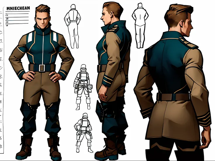 A full-length ((model sheet being, front, profile and back)) of a brown-haired, athletic-bodied man slid from behind, dressed in futuristic outfits of Scandinavian military officers and high boots