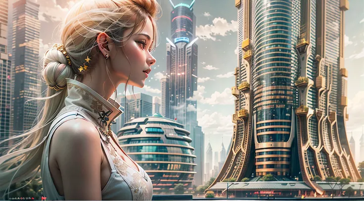 Enter a fascinating vision of the future through captivating futuristic images of the city of Shanghai. The towering giant skyscraper is decorated with gold ornaments and a smooth glass curtain wall，pierce the sky, The vibrant lights of the city that never...