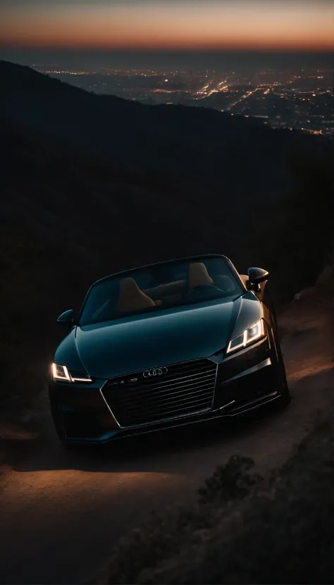 An audi TT MK3 parked on a hill in Los Angeles, Night, Lights on, car lights on, dramatic