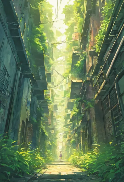 Abandoned city covered in vegetation.