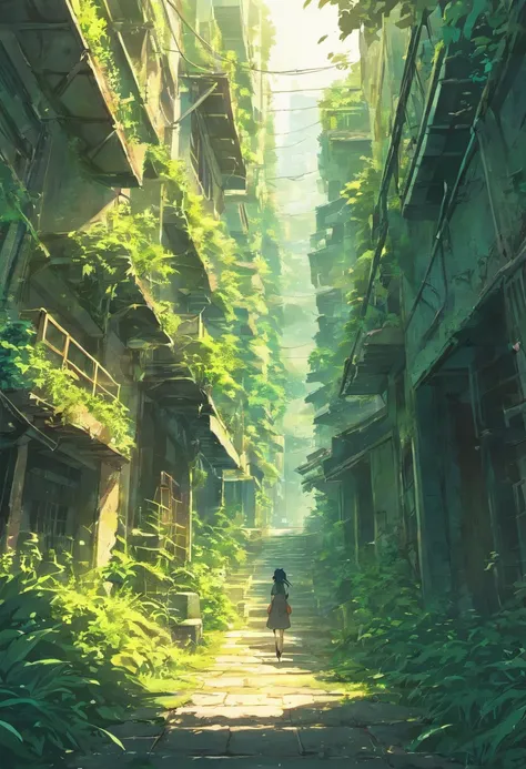 Abandoned city covered in vegetation.